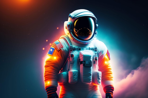 Astronauta przed planetą z neonowym napisem nasa.