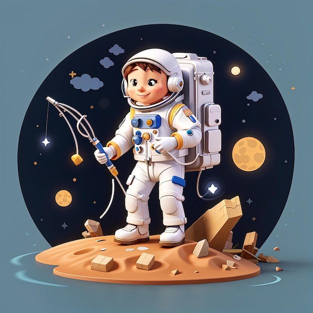 Astronauta Rybacka Gwiazda na Księżycu Ilustracja Wektorowa Ikona Nauka Technologia Ikona Koncepcja Izolowany Premium Wektorowy Stil Karikatury Płaskiej