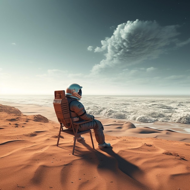 astronauta siedzący na leżaku na Marsie we śnie