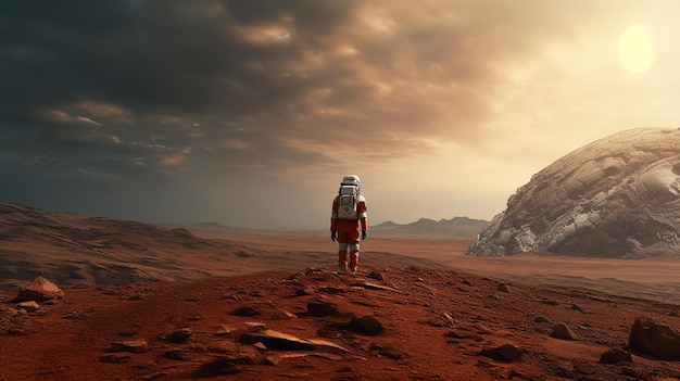 Astronauta siedzący na Marsie i podziwiający krajobraz Eksploracja misji na Mars Futuristyczna kolonizacja i eksploracja kosmosu Koncepcja rendering 3d