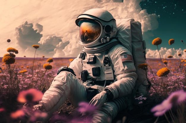 Astronauta siedzi na polu kwiatów Generative AI