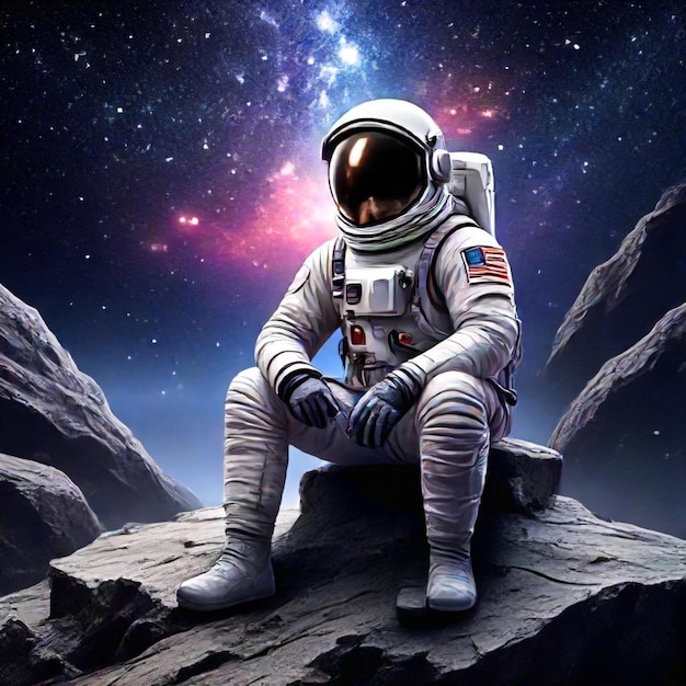 Astronauta siedzi na skale z napisami "przestrzeń"