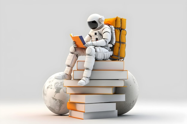 Astronauta siedzi na stosie książek czytając książkę.