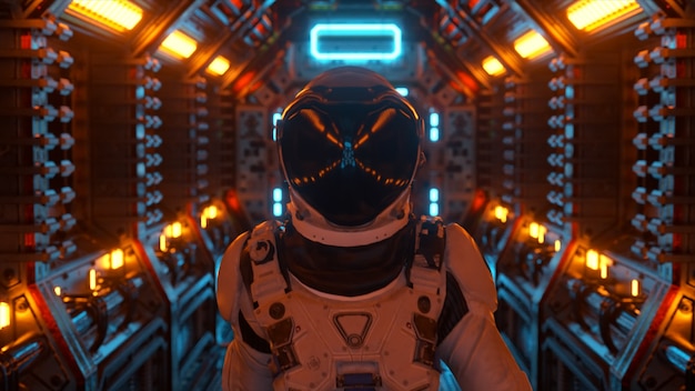 Astronauta spacerujący w tunelu statku kosmicznego, korytarz wahadłowca sci-fi. Futurystyczna technologia abstrakcyjna. Technologia i koncepcja przyszłości. Migające światło. ilustracja 3d