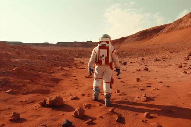 Astronauta spaceruje po czerwonej planecie.