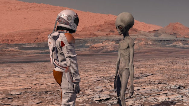 Astronauta spotyka Marsjanina na Marsie Pierwszy kontakt Obcy na Marsie Eksploracja misji na Marsa