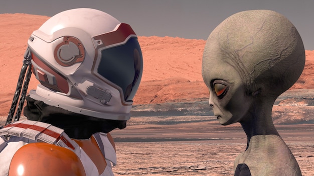 Astronauta spotyka Marsjanina na Marsie. Pierwszy kontakt. Obcy na Marsie. Misja eksploracyjna na Marsa. Koncepcja kolonizacji i eksploracji kosmosu. renderowania 3D. Elementy tego filmu dostarczone przez NASA.