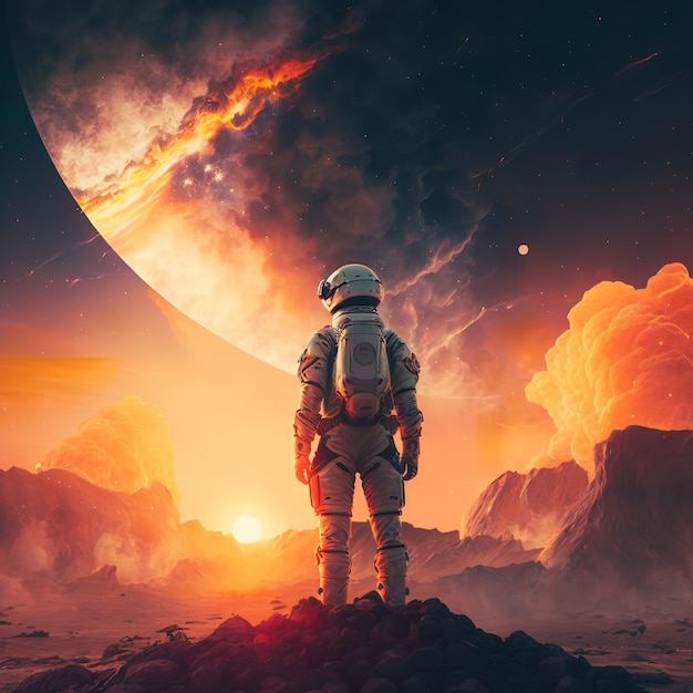 Astronauta stoi na planecie z planetą w tle.