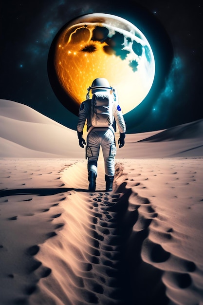 Astronauta stoi na powierzchni Księżyca