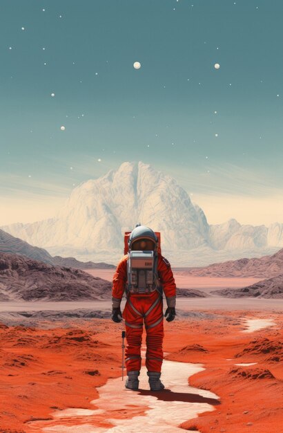 Astronauta stoi na powierzchni wygenerowanej przez ai czerwonej planety