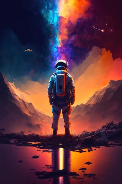 Astronauta stoi przed górami i wszechświatem.