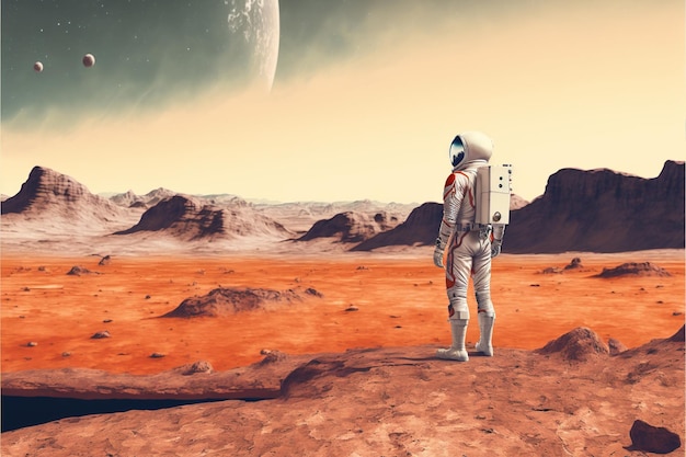 Astronauta stojący patrząc na naturalną scenerię na nowej planecie ilustracja w stylu sztuki cyfrowej malarstwo fantasy koncepcja kosmonauty na innej planecie
