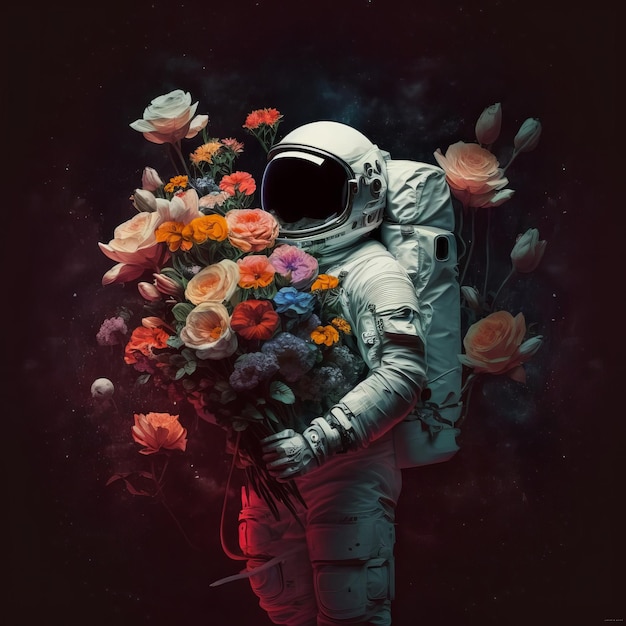 Astronauta trzymający bukiet kwiatów w ciemnej przestrzeni.