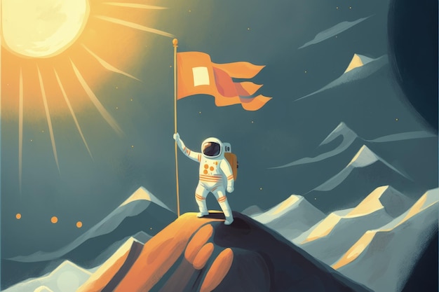 Astronauta trzymający flagę stojącą na górze przed pochmurnym niebem i słońcem Koncepcja fantasy Malarstwo ilustracyjne Generative AI