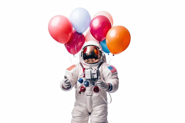 astronauta trzymający kolorowy balon na białym tle