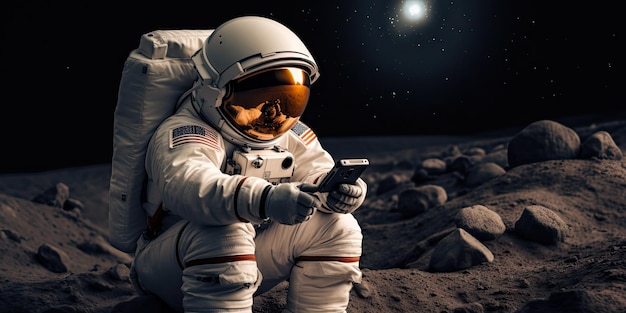Zdjęcie astronauta trzymający telefon komórkowy na księżycu generatywny ai