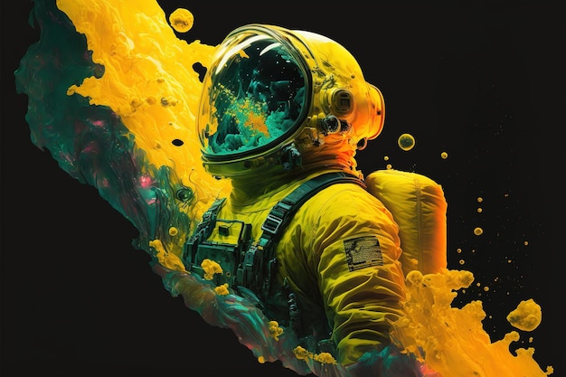 Astronauta unoszący się w głębokiej przestrzeni z żółtym płynem atramentu