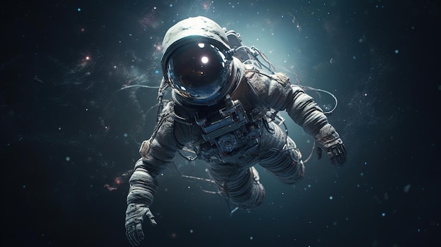 Astronauta unoszący się w przestrzeni z ciemnym tłem
