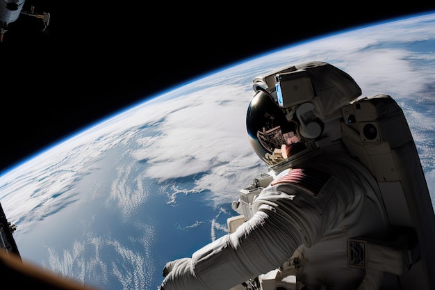 Astronauta unoszący się w stanie nieważkości w kosmosie, z widokiem na ziemię poniżej
