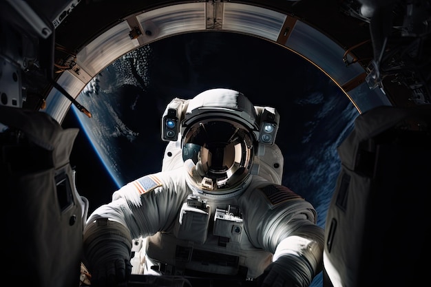 Astronauta unoszący się w stanie zerowej grawitacji na pokładzie stacji kosmicznej z widocznym poniżej widokiem Ziemi stworzonym za pomocą generatywnej sztucznej inteligencji