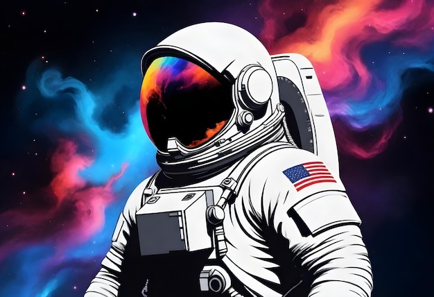 Astronauta w białym garniturze kosmicznym z amerykańską flagą trzymający kamerę