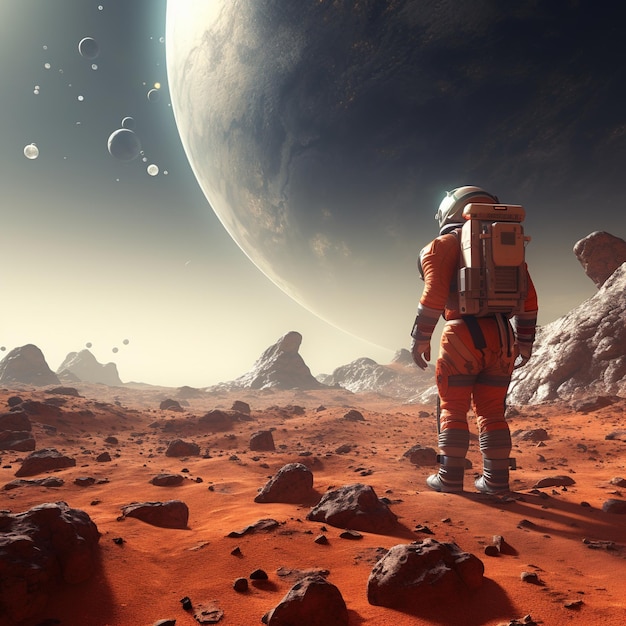 Astronauta w czerwonym skafandrze kosmicznym stojący na skalistym księżycu lub marsjańskim krajobrazie i patrzący na duży księżyc lub planetę