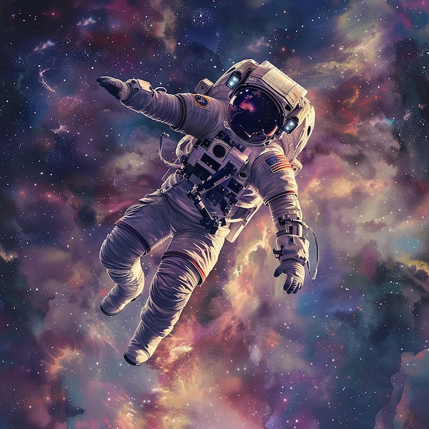 Astronauta w garniturze kosmicznym lata w kosmosie.