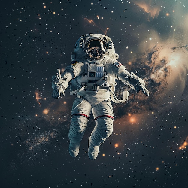 Astronauta w garniturze kosmicznym lata w powietrzu.