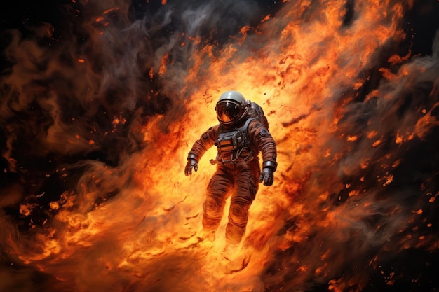 Astronauta w garniturze kosmicznym na tle ognia Science fiction Pochlebny ogień z kosmosu Generowany przez sztuczną inteligencję