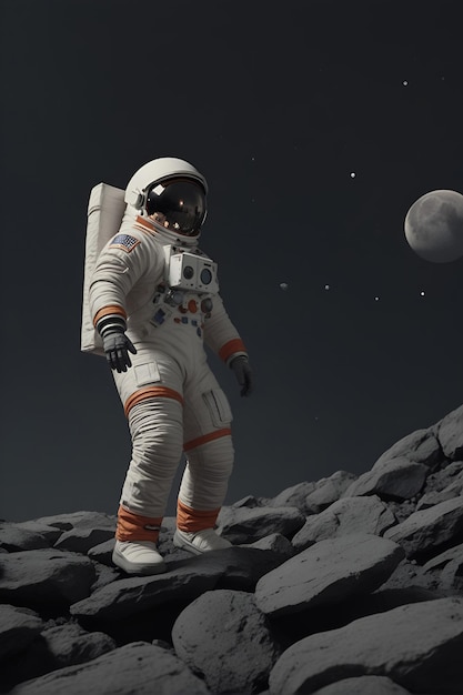 Astronauta w garniturze kosmicznym stoi na skalistym ciemno szarym księżycu