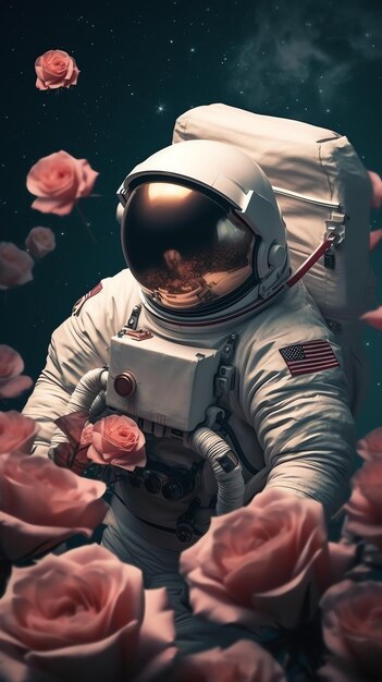 Zdjęcie astronauta w garniturze kosmicznym w kosmosie i kwiaty słodki zabawny astronauta w stylu kreskówki