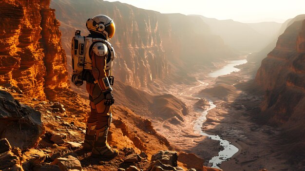 Zdjęcie astronauta w garniturze ochronnym chodzi w niebezpiecznym środowisku innych planet, w tym ich słabej grawitacji, zimnym środowisku i niebezpiecznym promieniowaniu.