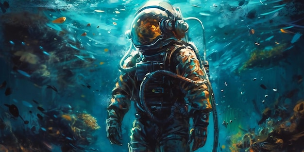Astronauta w garniturze stojący pod wodą