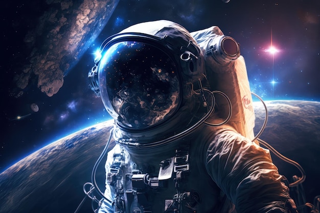 Astronauta w kosmosie w kombinezonie EV Zbliżenie astronauty Generacyjna sztuczna inteligencja