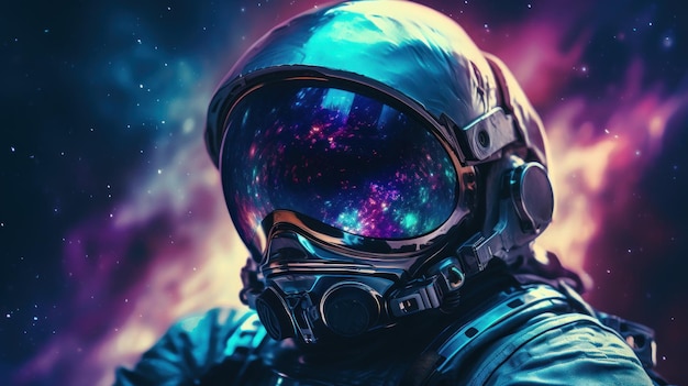 Astronauta w kosmosie z dramatycznym fioletowym i niebieskim tłem mgławicy Generatywna sztuczna inteligencja