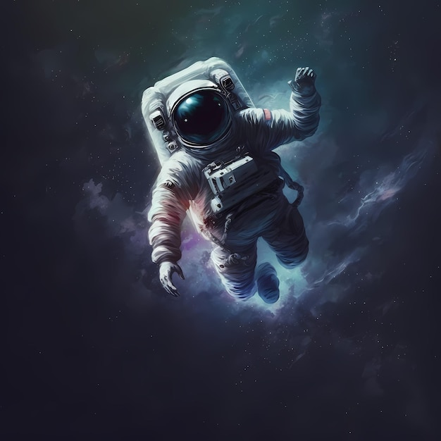 Astronauta w kosmosie z niebieskim tłem i napisem przestrzeń