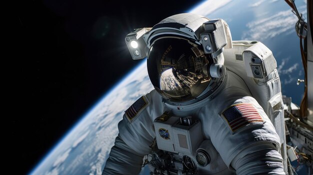 Astronauta W Kosmosie Z Ziemią Bezpośrednio Za Nimi