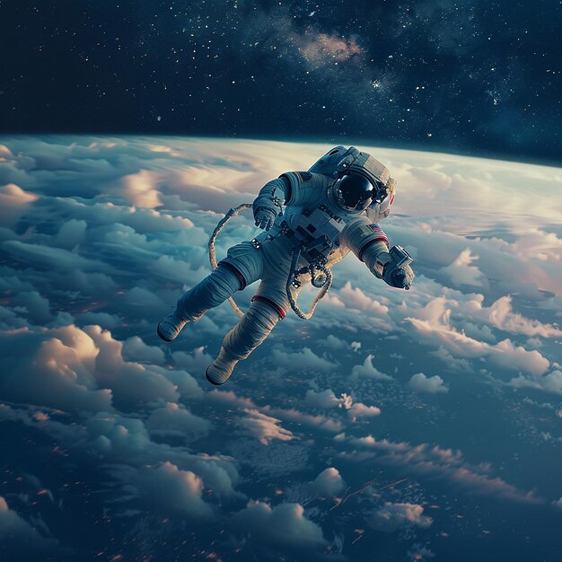 Astronauta w kosmosie ze słowami "astronauta" na garniturze.