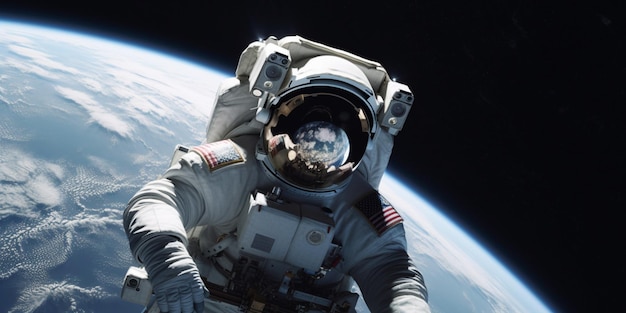 Astronauta w kosmosie ze słowami misja kosmiczna na ekranie