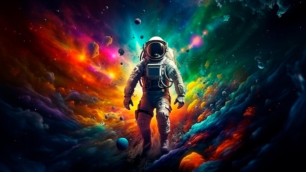 Astronauta w otwartej, kolorowej przestrzeni, mieszane media, generatywna sztuczna inteligencja.