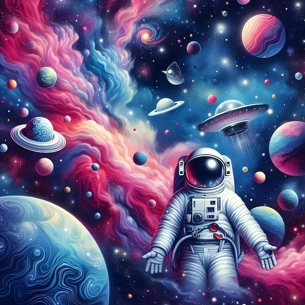 Astronauta w przestrzeni z planetami i planetami.