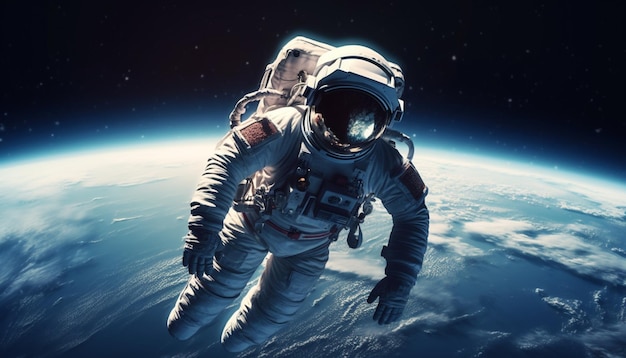Astronauta w skafandrze kosmicznym bada niebieską mgławicę wygenerowaną przez sztuczną inteligencję