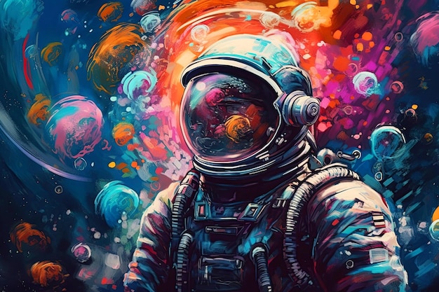 Astronauta w skafandrze kosmicznym wykonujący spacer kosmiczny na tle gwiazd i planet Kolorowa generatywna ilustracja AI Ludzki lot kosmiczny