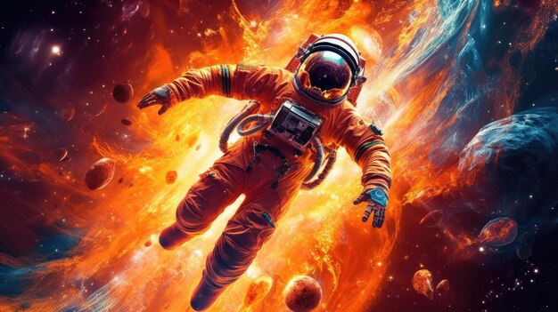 Astronauta w skafandrze kosmicznym z napisem przestrzeń