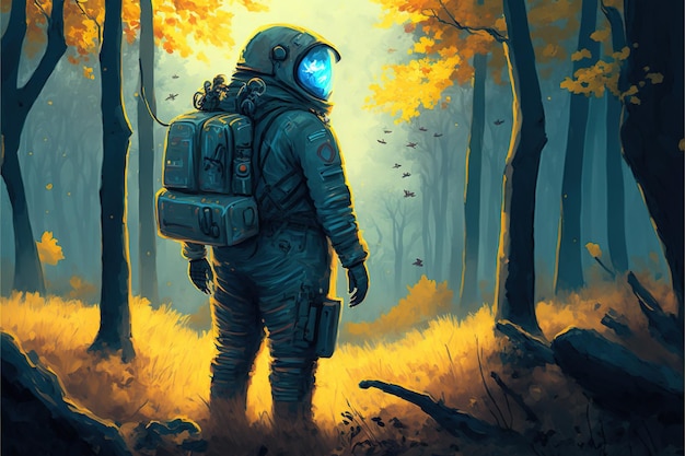 Astronauta w środku jesiennego lasu i patrzący na dziwne światło w jego dłoni ilustracja w stylu sztuki cyfrowej obraz fantasy koncepcja astronauty, jeśli las