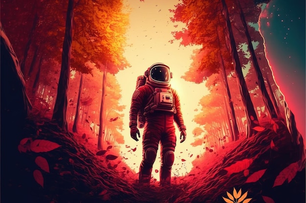 Astronauta w środku jesiennego lasu i patrzący na dziwne światło w jego dłoni ilustracja w stylu sztuki cyfrowej obraz fantasy koncepcja astronauty, jeśli las