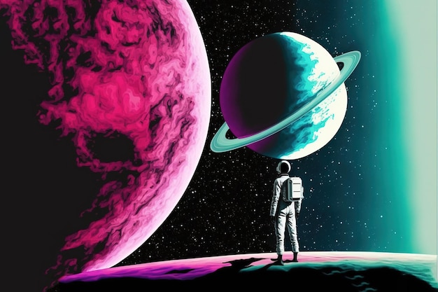 Astronauta walczący z olbrzymem Astronauta patrząc na futurystyczny olbrzym Malarstwo ilustracji w stylu sztuki cyfrowej