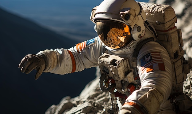 Astronauta wspina się na szczyt góry w garniturze kosmicznym