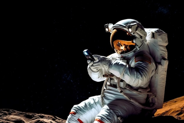 Astronauta wykorzystujący urządzenie mobilne w łączności kosmicznej poza Ziemią Generatywna sztuczna inteligencja