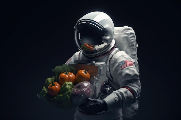 Zdjęcie astronauta z dostawą przyszłej żywności z koszyka spożywczego wybór produktów online handel elektroniczny generatywny ai